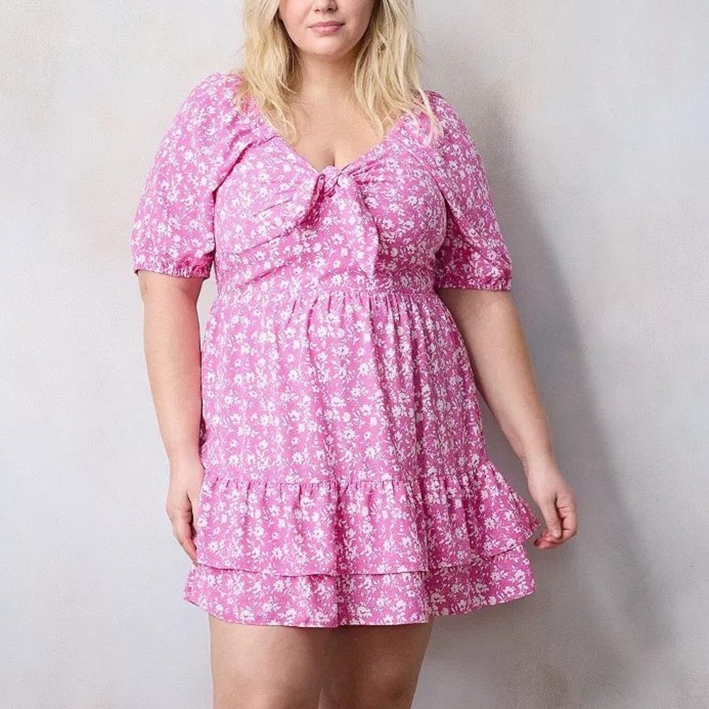 Lauren‎ Conrad Pink Floral Puff Sleeve Tiered Mini Dress XL Sweetheart Babydoll